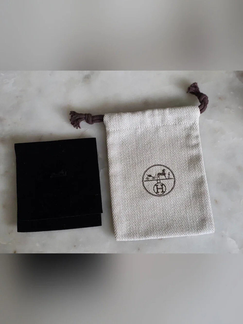 Authentic Hermes Canvas Drawstring & Velvet Accessory Pouch Set